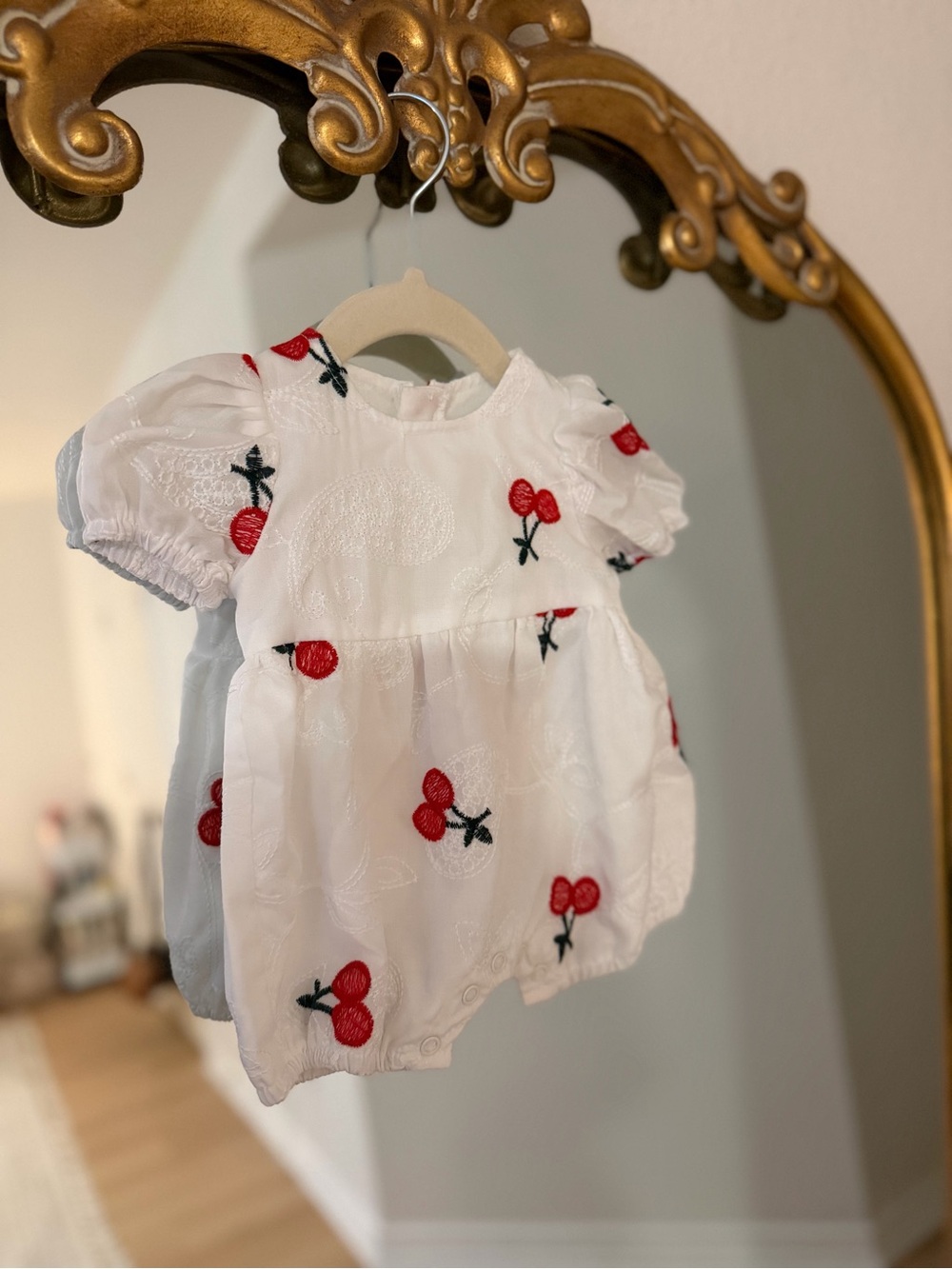 White Baby Romper with Red Cherry Embroidery